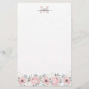 Papeterie Elégant aquarelle Floral Blush Pink Monogramme