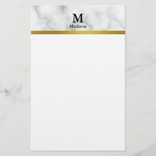 Papeterie Élégant Marbre blanc Faux avec nom et monogramme (Devant)