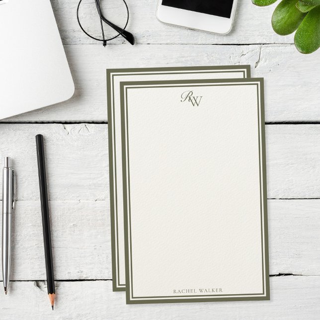 Papeterie Élégant monogramme vert olive avec deux bordures (Créateur téléchargé)