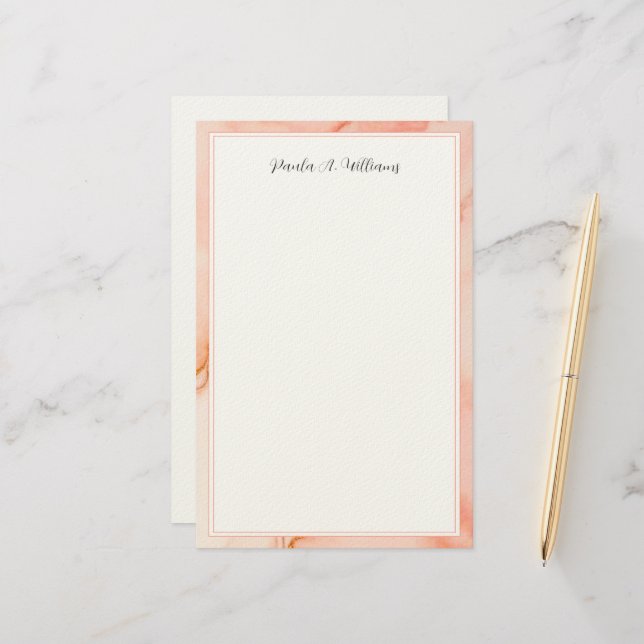 Papeterie Élégant Script Moderne en Marbre Rose (Devant/Arrière en situation)