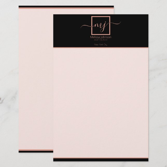 Papeterie élégante or rose sur fond noir (Devant / Derrière)