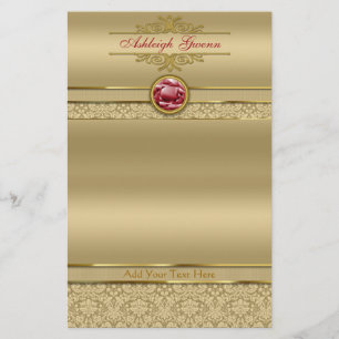 Papeterie Faux Dark Ruby Red Gemstone Metallic Gold Damask