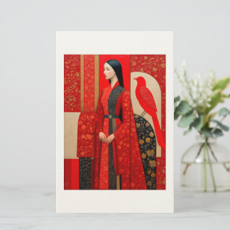 Papeterie Femme en robe fleurie rouge & un oiseau rouge