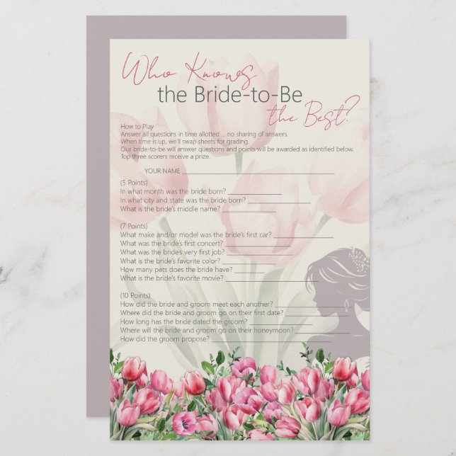 Papeterie Fête des mariées Jeu Tulipes Rose Qui Connaît Le M (Devant / Derrière)