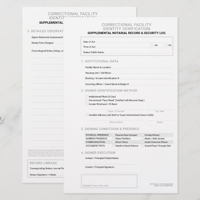 Papeterie Feuille de vérification d'identité correctionnelle (Devant / Derrière)