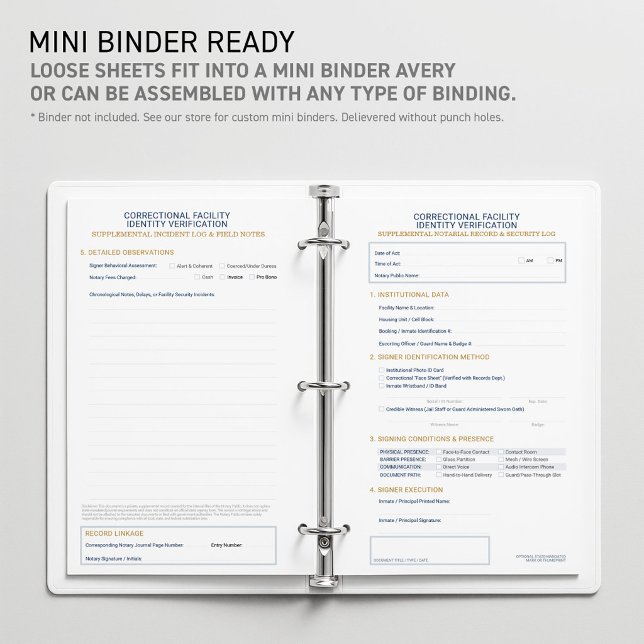 Papeterie Feuille de vérification d'identité notariale corre (Mini binder friendly: Notary Correctional Identity Verification Sheet Stationery)