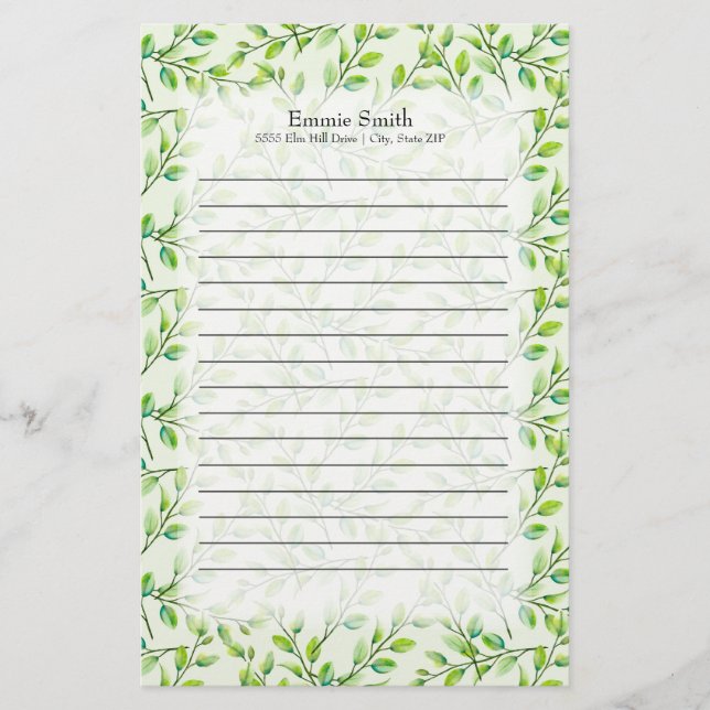 Papeterie Feuilles et branches vertes personnalisées (Devant)
