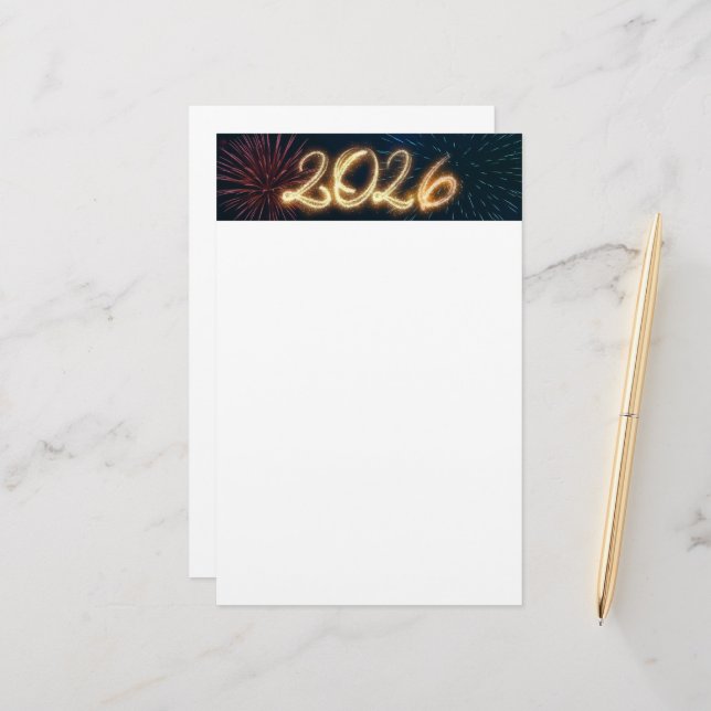Papeterie Feux d'artifice Éclatants Bonne Année 2026 (Devant/Arrière en situation)