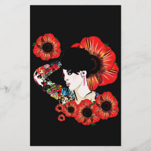 Papeterie Fille tatouée au milieu des fleurs de pavot Art pa