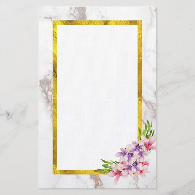 Papeterie Fleurs aquarelles avec cadre Faux Gold Foil (Devant)