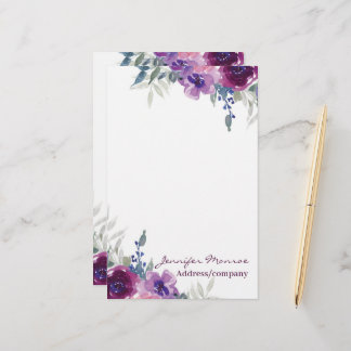 Papeterie Fleurs aquarelles violettes personnalisées