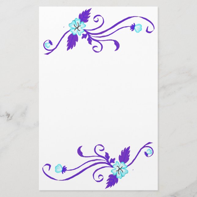 Papeterie Fleurs bleues avec papier à lettres pourpre (Devant)