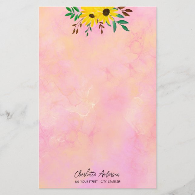 Papeterie Fleurs de soleil customisées Floral rose aquarelle (Devant)