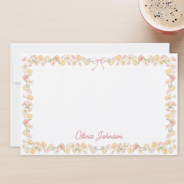 Papeterie Fleurs Florales Jaune Rose Aquarelle Monogrammées (Créateur téléchargé)