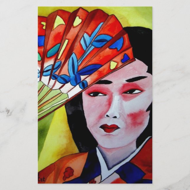Papeterie geisha japonaise avec ventilateur peinture d'art o (Devant)