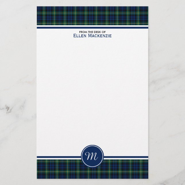 Papeterie Gordon Clan Dark Blue et Green Tartan Monogramme (Devant)