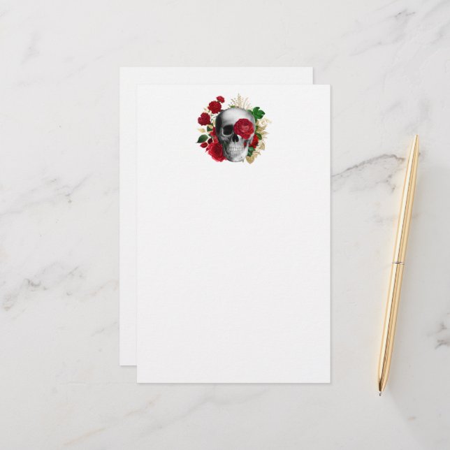 Papeterie Goth Crâne avec Fleurs rouges et Feuilles d'or (Devant/Arrière en situation)