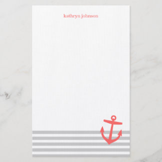 Papeterie Gris et corail Gris et rayures marines et Ancre mi