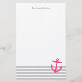 Papeterie Gris et rose rayures nautiques et Ancre mignonne