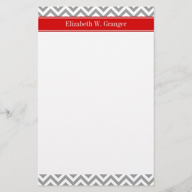 Papeterie Gris foncé Blanc LG Chevron Rouge Monogramme Nom (Devant)