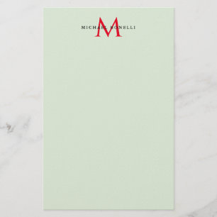 Papeterie Gris verdâtre & Monogramme Rouge Minimaliste Moder