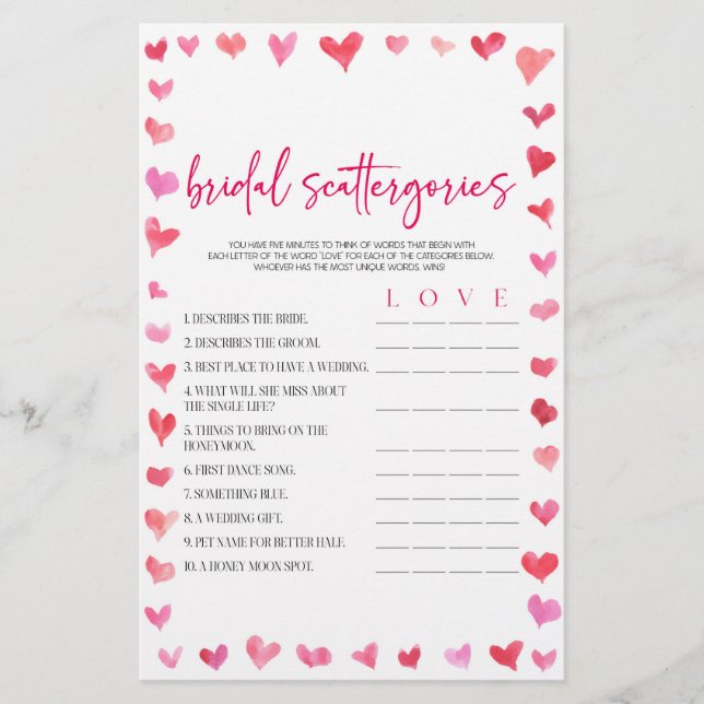Papeterie Hearts Bridal Scattergories Bridal Shower Game  (Devant)