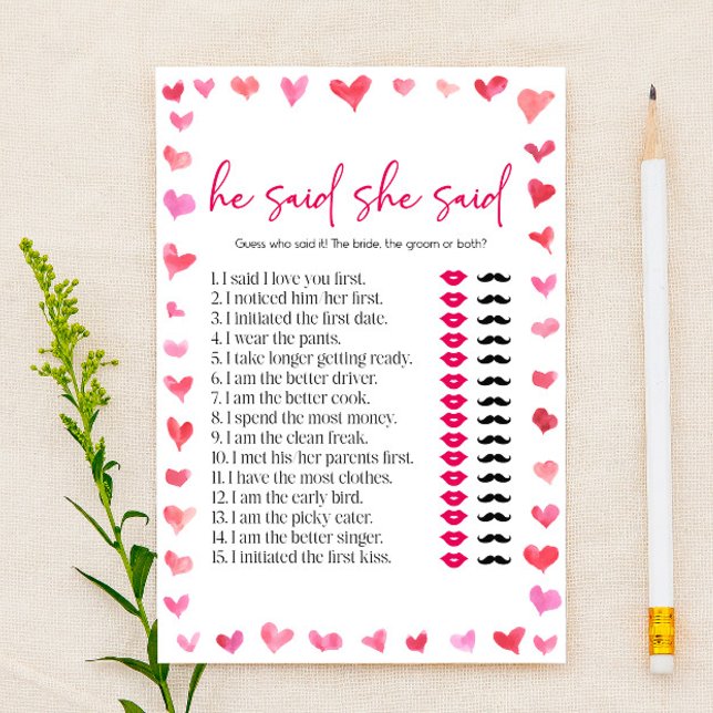 Papeterie Hearts He Said She Said Bridal Shower Game  (Créateur téléchargé)