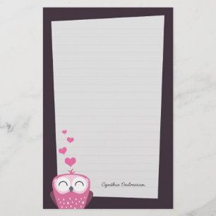 Papeterie Hibou rose et papier de note de coeurs d'amour