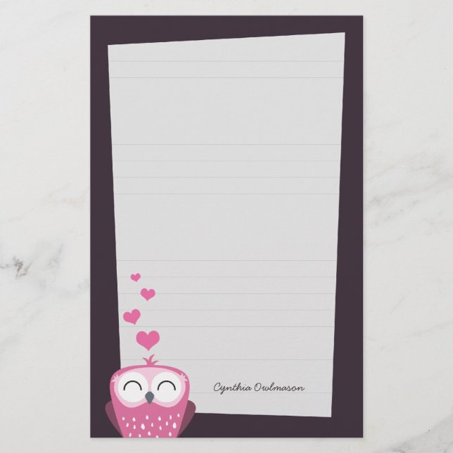 Papeterie Hibou rose et papier de note de coeurs d'amour (Devant)