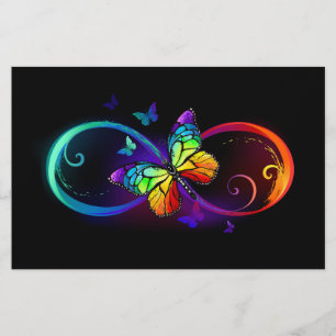 Papeterie Infini vibrant avec papillon arc-en-ciel sur noir 