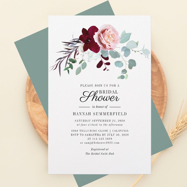 Papeterie Invitation à la douche nuptiale de Floral Eucalypt (Pink Floral and Eucalyptus Script Bridal Shower Invitation)