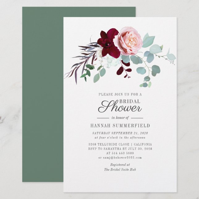 Papeterie Invitation à la douche nuptiale florale de Bourgog (Devant / Derrière)
