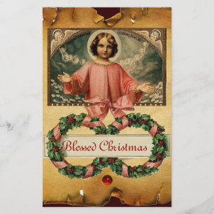 PAPETERIE JÉSUS ENFANT AUX ANGES ET COURONNES DE NOËL