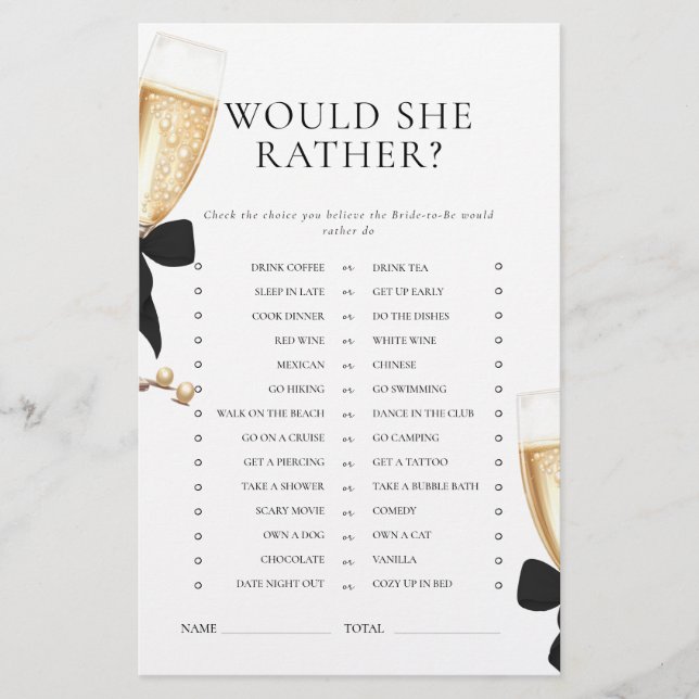 Papeterie Jeu de Baby Shower Black Bow Pearls & Prosecco (Devant)