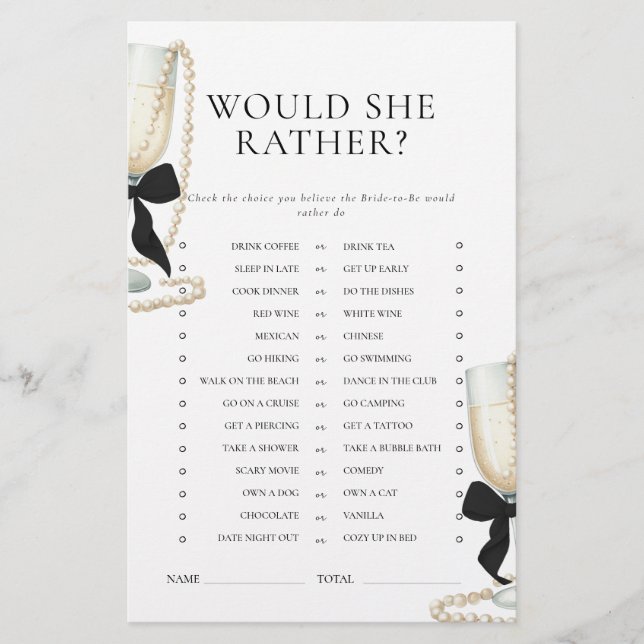 Papeterie Jeu de Baby Shower Black Bow Pearls & Prosecco (Devant)
