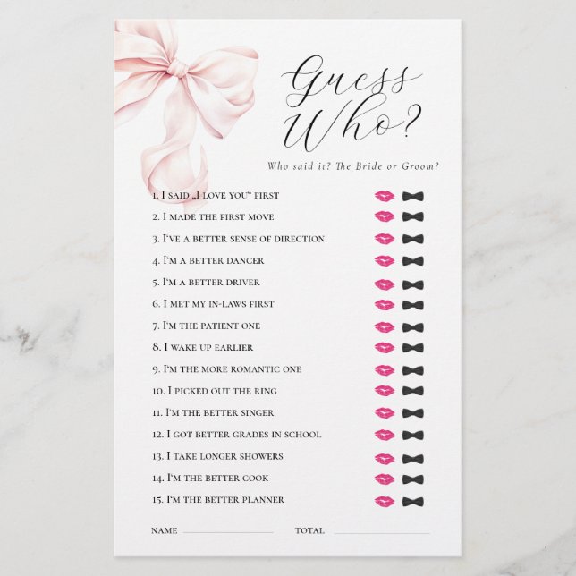 Papeterie Jeu de devinette de mariage à ruban rose (Devant)