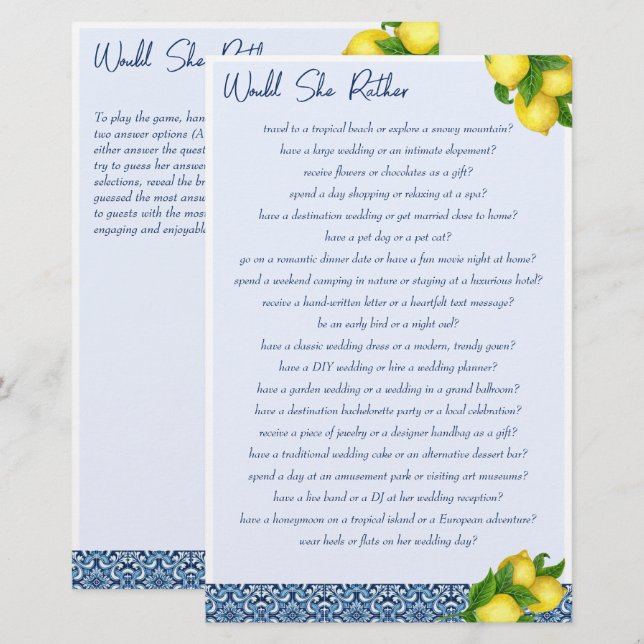 Papeterie Jeux de douche nuptiale Voudrait-elle plutôt jouer (Devant / Derrière)