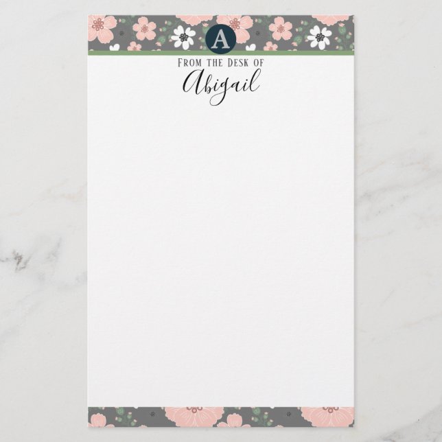 Papeterie Joli Monogramme Floral Rose Fancy Script (Devant)