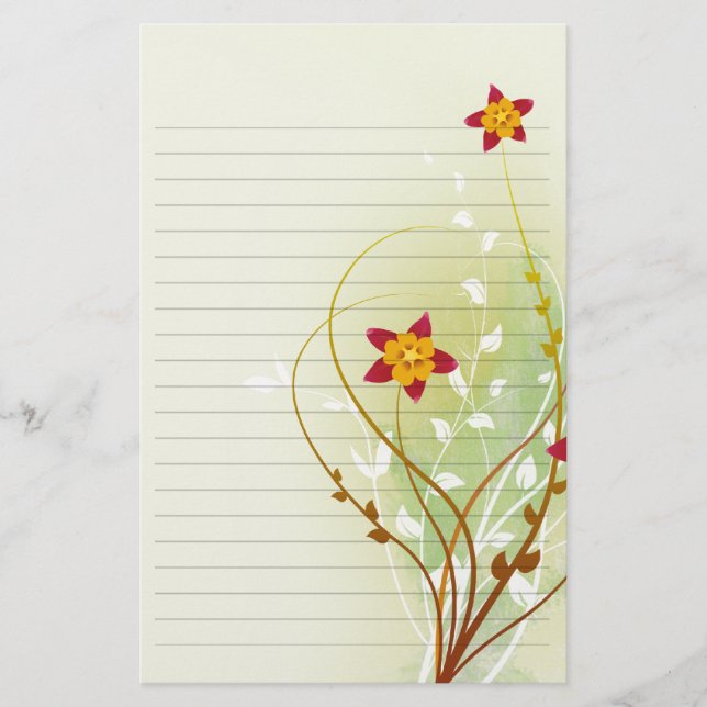 Papeterie jolies fleurs rouges sur papier vert doux (Devant)