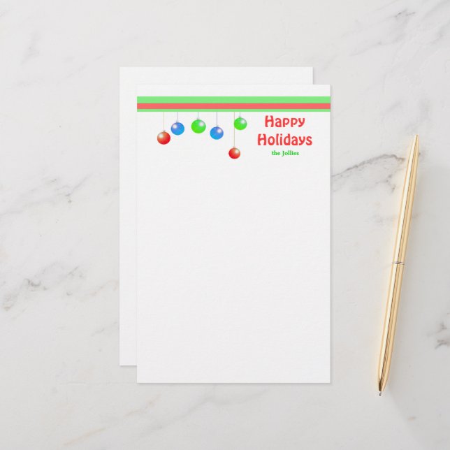 Papeterie Joyeux Ornements de vacances (Devant/Arrière en situation)