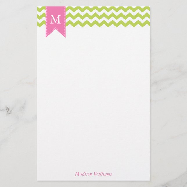 Papeterie Kiwi Green Chevrons Motif et Monogramme rose (Devant)