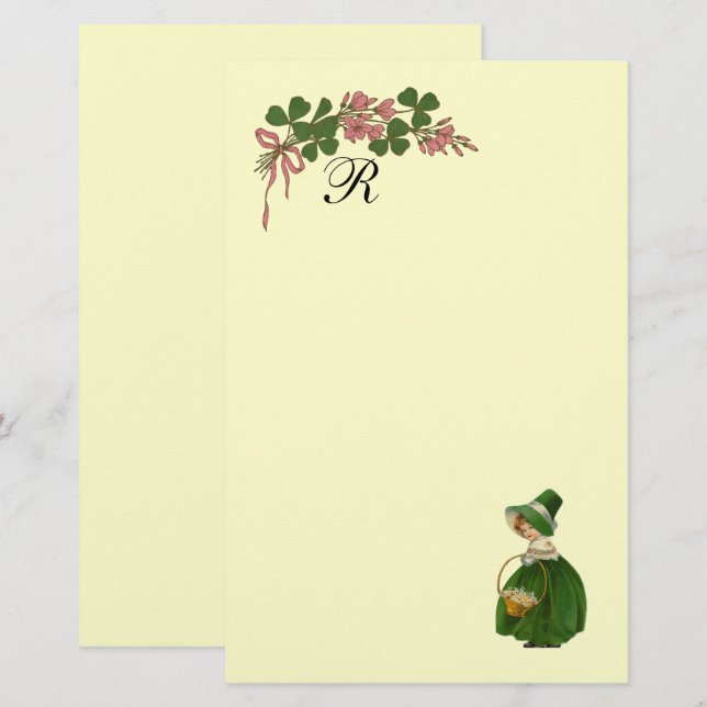 PAPETERIE LA SAINT-PATRICK,JEUNE FILLE IRLANDAISE ET TRÈFLES (Devant / Derrière)