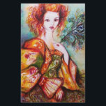 PAPETERIE LADY ROMANTIQUE AVEC PÂTE EN PEACOCK<br><div class="desc">Peinture d'aquarelle contemporaine originale avec feuille d'or et couleurs irisées en vert vif,  orange jaune,  turquoise,  turquoise,  blanc.Elégante,  belle brune sophistiquée,  rouge,  vert brillant tissus or d'un costume baroque avec plumes paon.Peinture de Bulgan Lumini (c).</div>