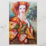 PAPETERIE LADY ROMANTIQUE AVEC PÂTE EN PEACOCK<br><div class="desc">Peinture d'aquarelle contemporaine originale avec feuille d'or et couleurs irisées en vert vif,  orange jaune,  turquoise,  turquoise,  blanc.Elégante,  belle brune sophistiquée,  rouge,  vert brillant tissus or d'un costume baroque avec plumes paon.Peinture de Bulgan Lumini (c).</div>