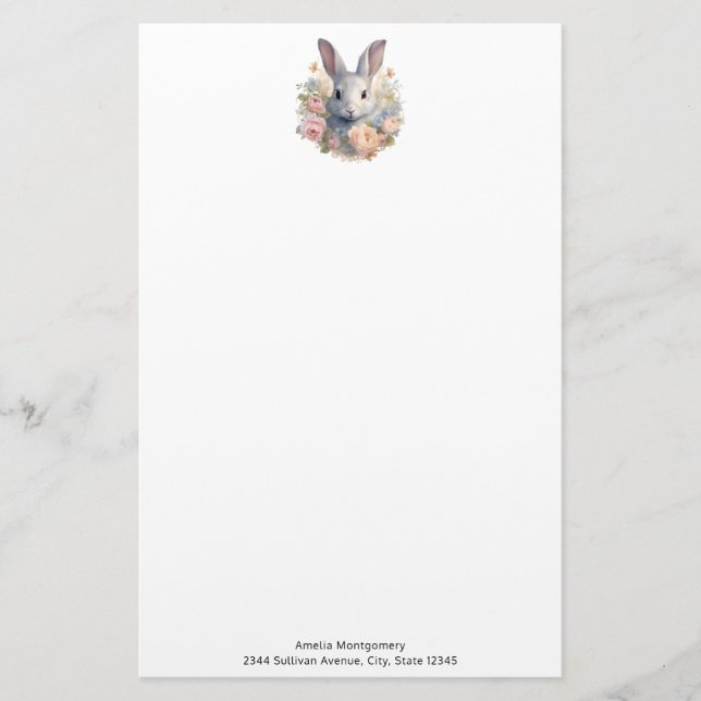 Papeterie Lapin entouré de fleurs pastel Mignon (Devant)
