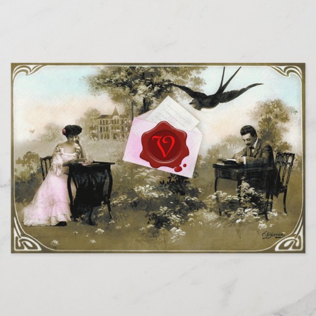 PAPETERIE LETTRE VALENTINE ROMANTIQUE, MONOGRAMME DE SCEAU D (Devant)
