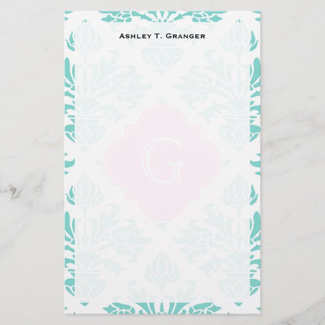 Papeterie Lg Aqua Floral Damask #3 Pink Quatrefoil Monogramm (Devant)
