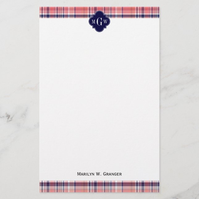 Papeterie Light Coral Navy Whats Preppy Madras Monogramme (Devant)