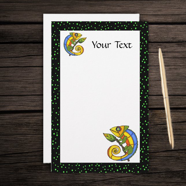 Papeterie Lizard coloré sur une branche (Two cute colourful fantasy lizards green leaves on white with black green dotted border stationery.)