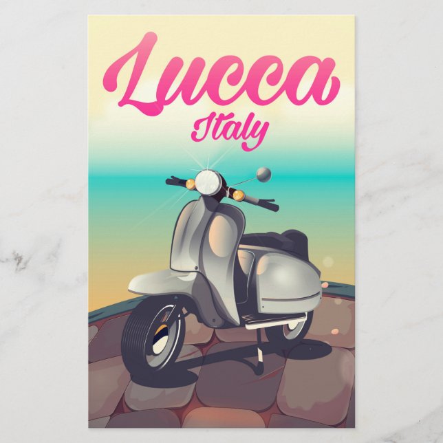 Papeterie Lucca Italie Scooter imprimé affiche de voyage. (Devant)